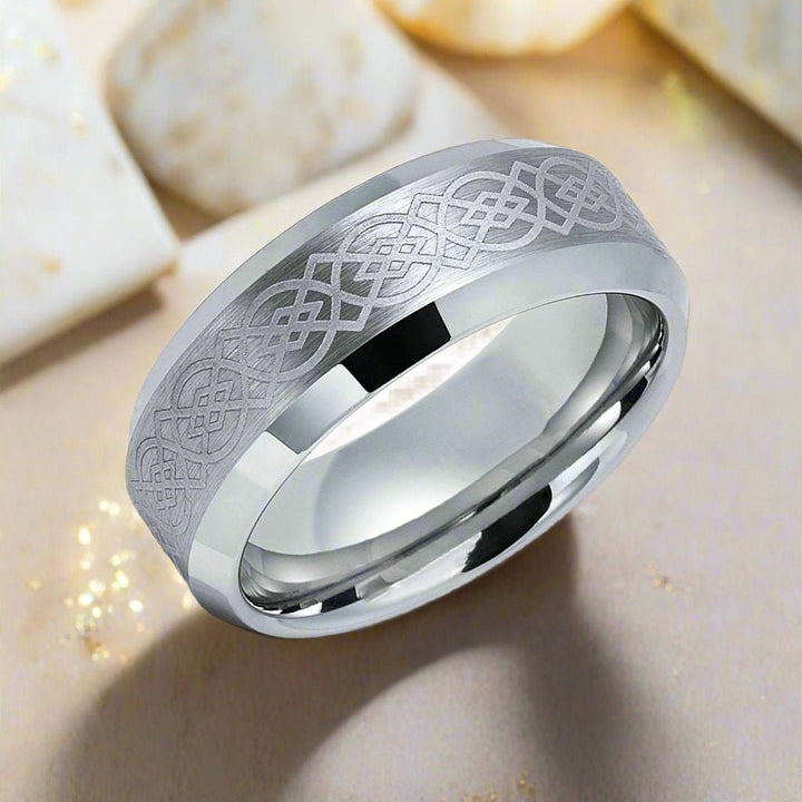 AMIS | Silver Tungsten Ring, Laser Celtic Knot Design, Beveled - Rings - Aydins Jewelry - 2