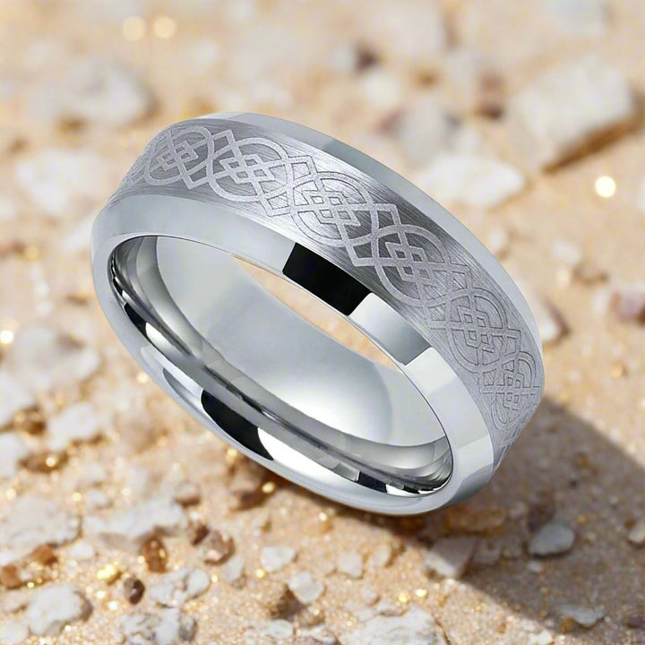 AMIS | Silver Tungsten Ring, Laser Celtic Knot Design, Beveled - Rings - Aydins Jewelry - 4