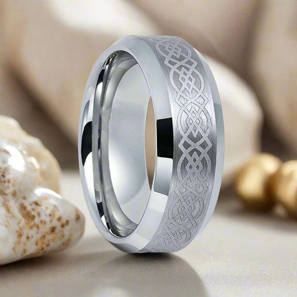 AMIS | Silver Tungsten Ring, Laser Celtic Knot Design, Beveled - Rings - Aydins Jewelry - 1