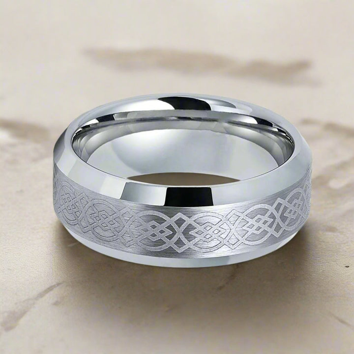 AMIS | Silver Tungsten Ring, Laser Celtic Knot Design, Beveled - Rings - Aydins Jewelry - 3