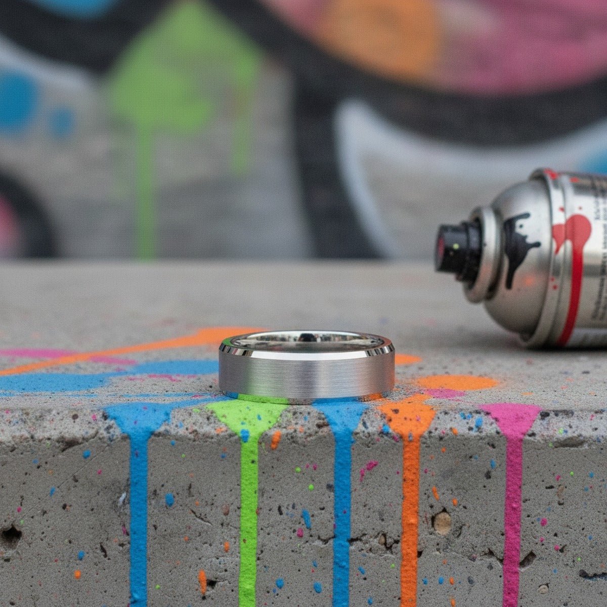 Aydins ANDREW | Silver Tungsten Brushed Ring lifestyle scene, graffiti concrete