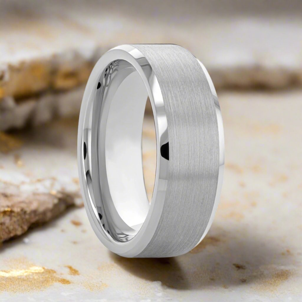 ANDREW | Silver Tungsten Ring, Brushed, Beveled Edges - Rings - Aydins Jewelry - 1