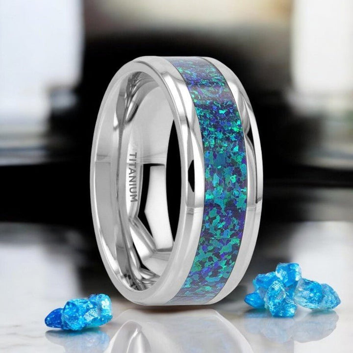 Silver titanium ring with polished beveled edges and a green-blue opal inlay, 8mm width - Aydins Jewelry.