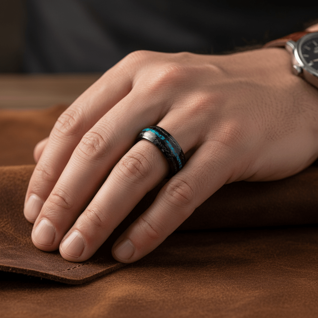 ANTONAS — Lifestyle photo on hand — men's tungsten wedding ring.