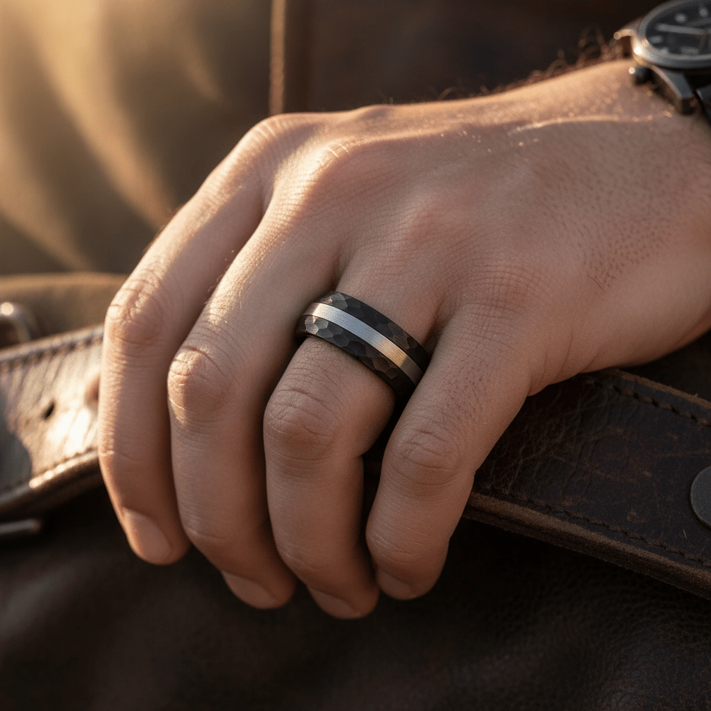 ANVILOR — lifestyle on hand — men's tungsten carbide wedding ring | Aydins Jewelry