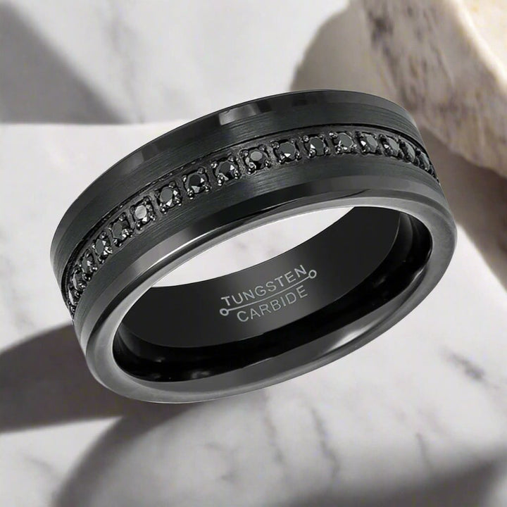 APODIS | Black Tungsten Ring, Black Sapphire Stone, Flat - Rings - Aydins Jewelry - 2