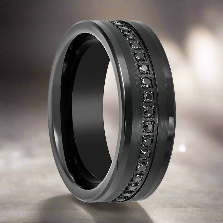 Matte Black APODIS Tungsten Ring - Flat Eternity Band with Black Diamond Stimulants