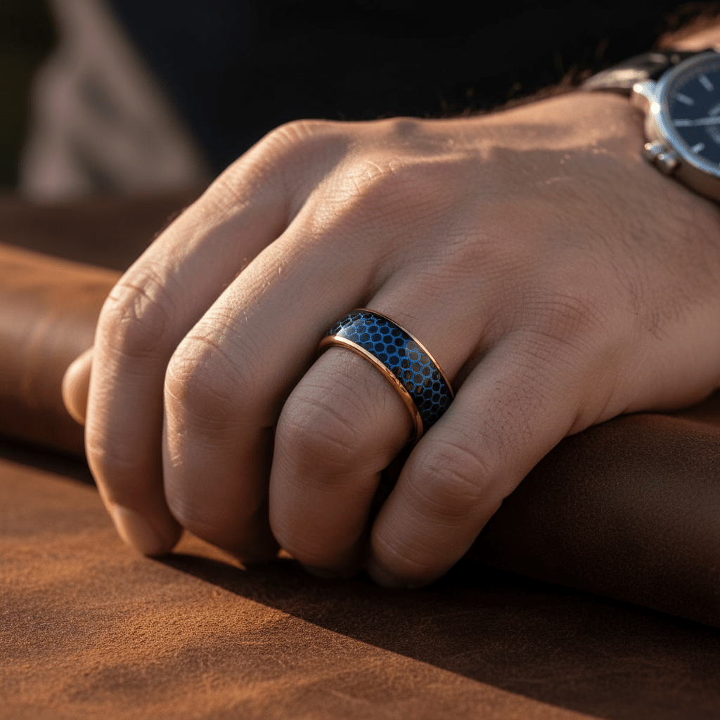 AQUAHEX — Lifestyle photo on hand — men's tungsten wedding ring.