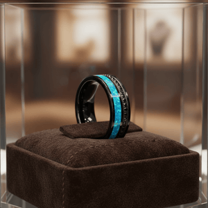 AQUORION — Premium boutique display on velvet — men's tungsten wedding ring.