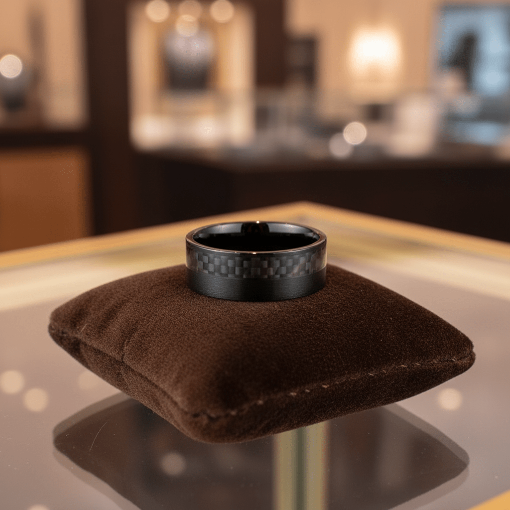 ARAE — Premium boutique display on velvet — men's tungsten wedding ring.