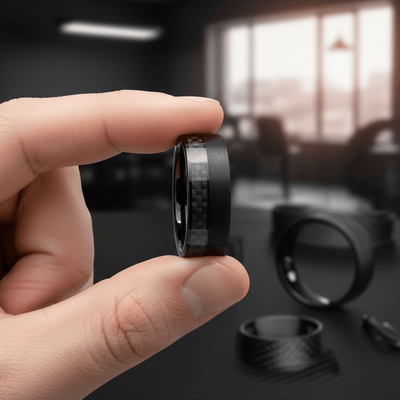 ARAE — Held between fingers close-up — men's tungsten wedding ring.