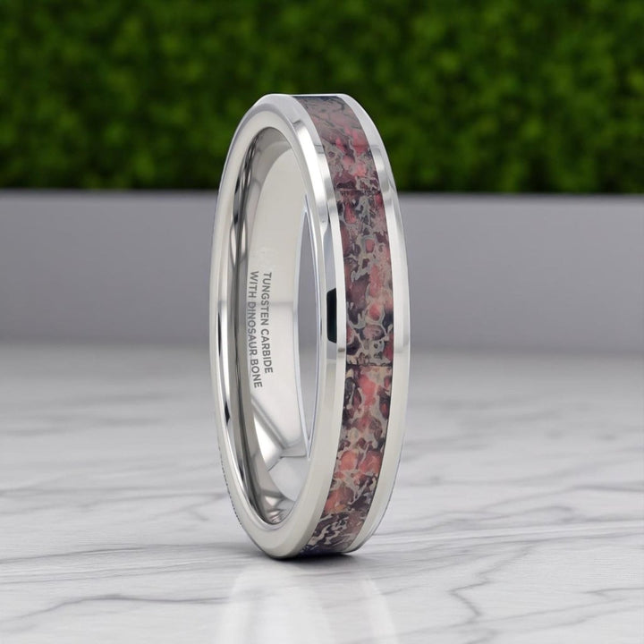 Side view of tungsten ring with pink dinosaur bone inlay – ARCHEAN ring