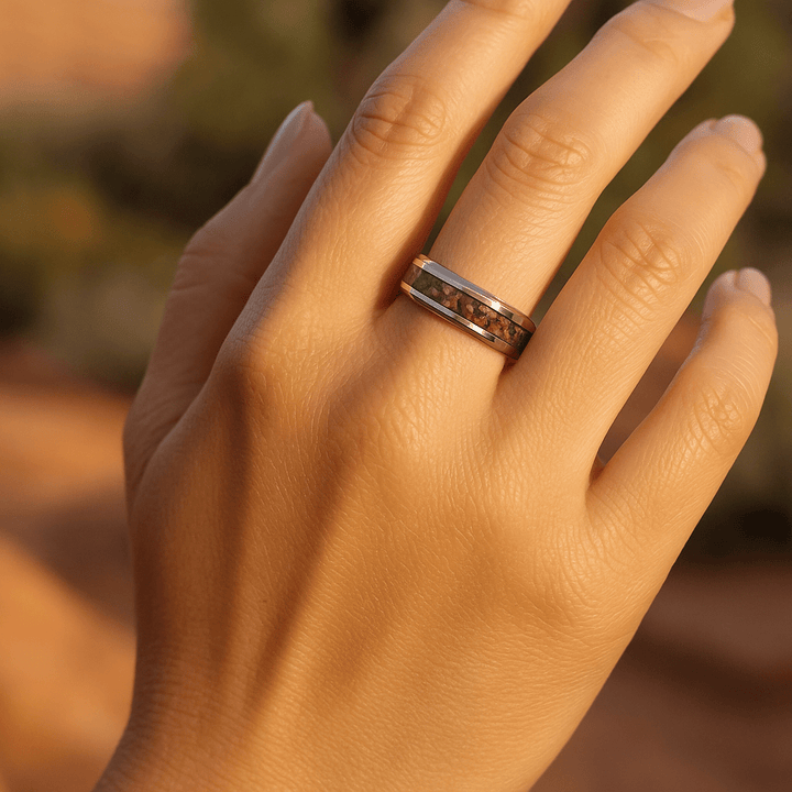 Polished tungsten ring with fossil inlay – unique women's wedding band