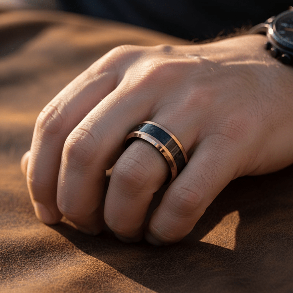 ARCHER rose gold tungsten carbon fiber wedding ring angled view