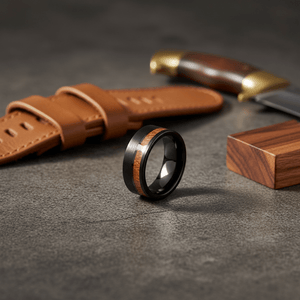 ARCHIE — Editorial masculine still life — men's tungsten wedding ring.