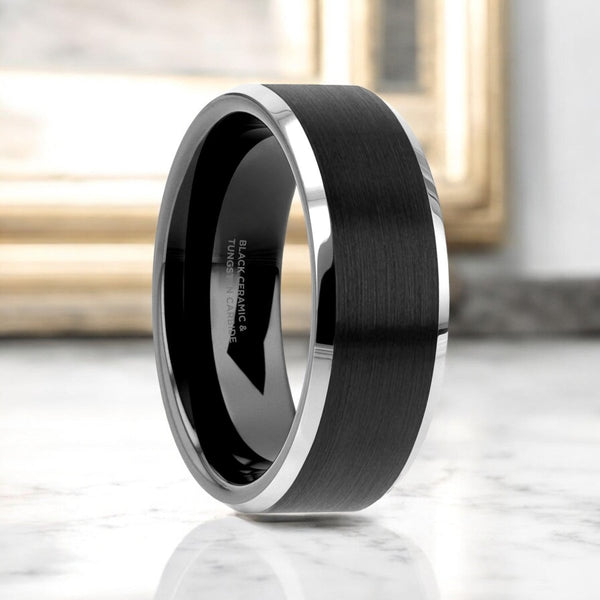 ARDEN black tungsten ring with brushed black ceramic center and polished edges, 6mm and 8mm - Aydins Jewelry.