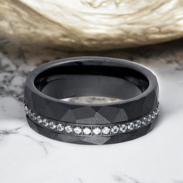 Side view of ARDENT Black Tungsten Band with shimmering CZ inlays.