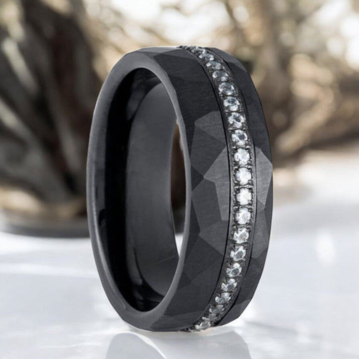 ARDENT Black Tungsten Ring with Hammered Finish and White CZ Inlay - Aydins Jewelry.