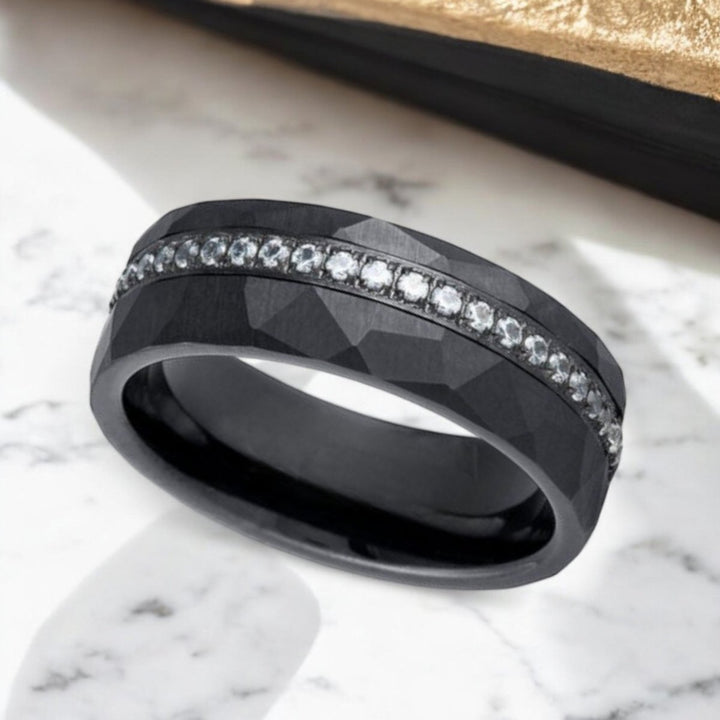 8mm ARDENT Hammered Black Tungsten Wedding Band with CZ channel.