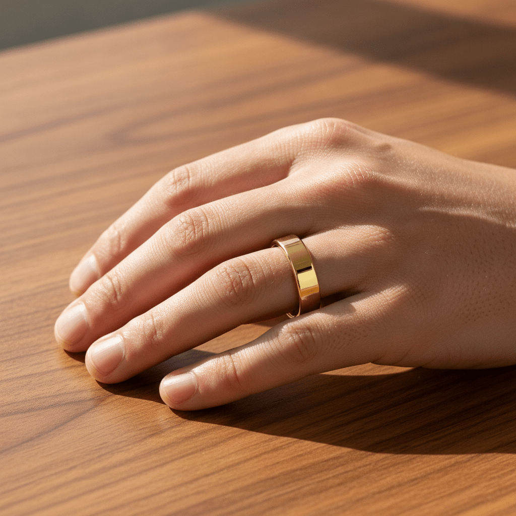 ARI flat polished gold-plated tungsten wedding band worn on man's hand resting on walnut table, lifestyle photo