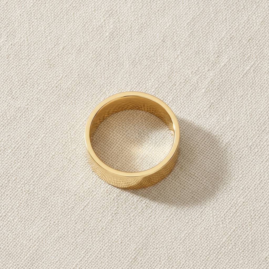 ARI flat polished gold-plated tungsten wedding band macro detail overhead flat lay