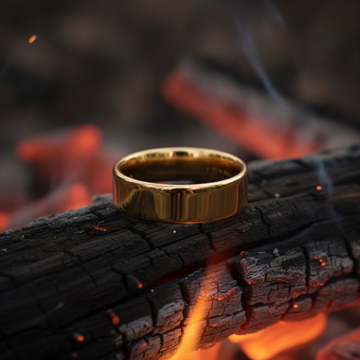 Aydins ARI | Flat Gold-Plated Tungsten Wedding Band 4mm 6mm 8mm lifestyle scene, bonfire embers