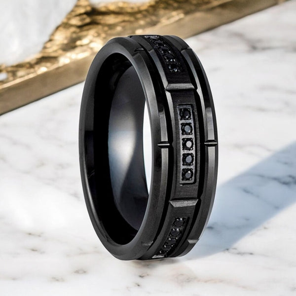 ARKOS Black Tungsten Ring with Sectional CZ Inlay - Aydins Jewelry.