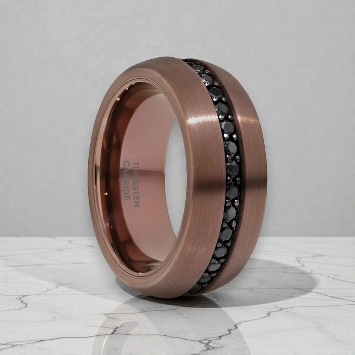 Espresso tungsten carbide ring 8 mm with black sapphires in channel setting