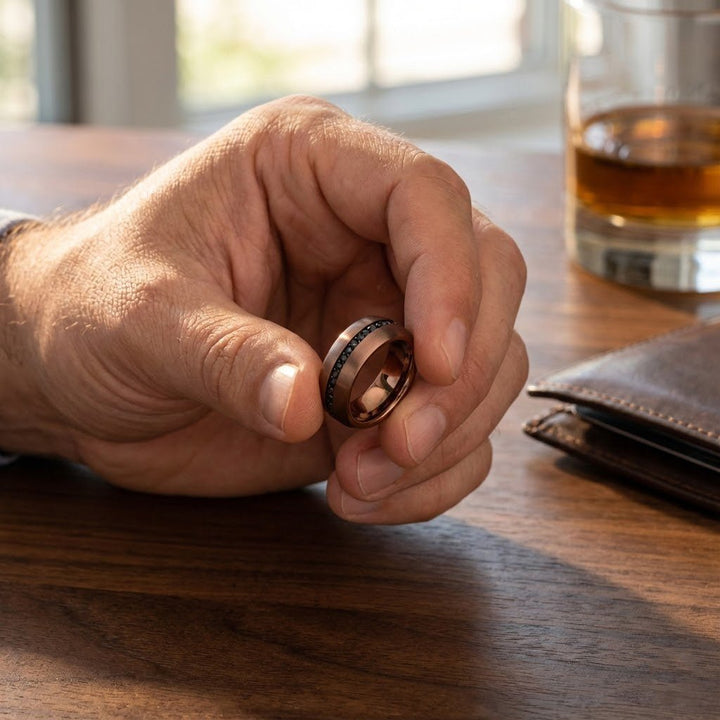 Aydins Jewelry Modern men’s tungsten wedding band with espresso finish and black sapphires between two fingers