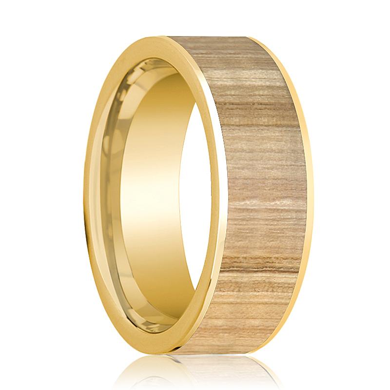 Ash Wood inlay 14k yellow gold wedding band 8mm, side profile