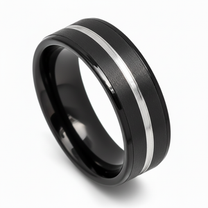 ASHCHIL — Hero product shot — men's tungsten wedding ring.