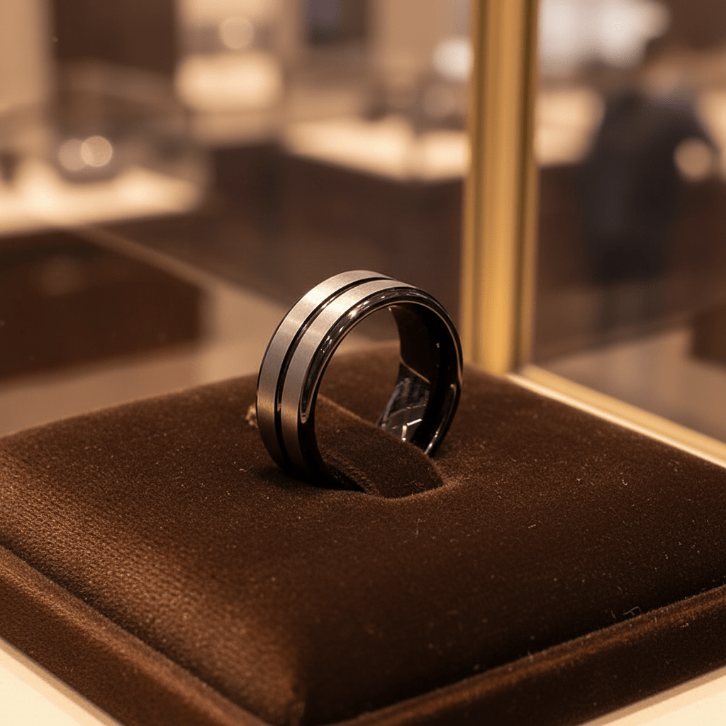 ASHCHIL — Premium boutique display on velvet — men's tungsten wedding ring.