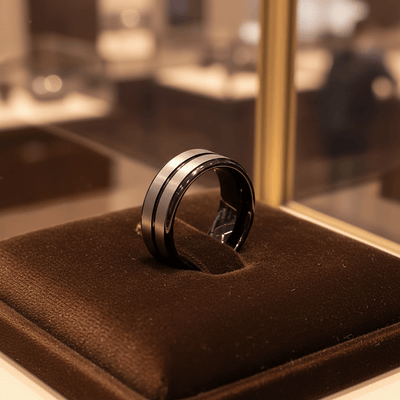 ASHCHIL — Premium boutique display on velvet — men's tungsten wedding ring.