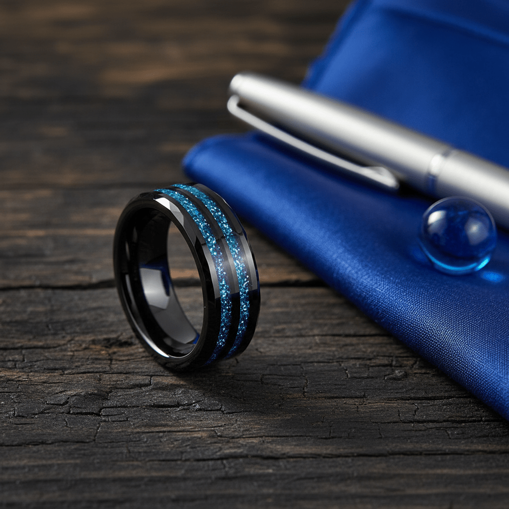 ASHEN — Editorial masculine still life — men's tungsten wedding ring.