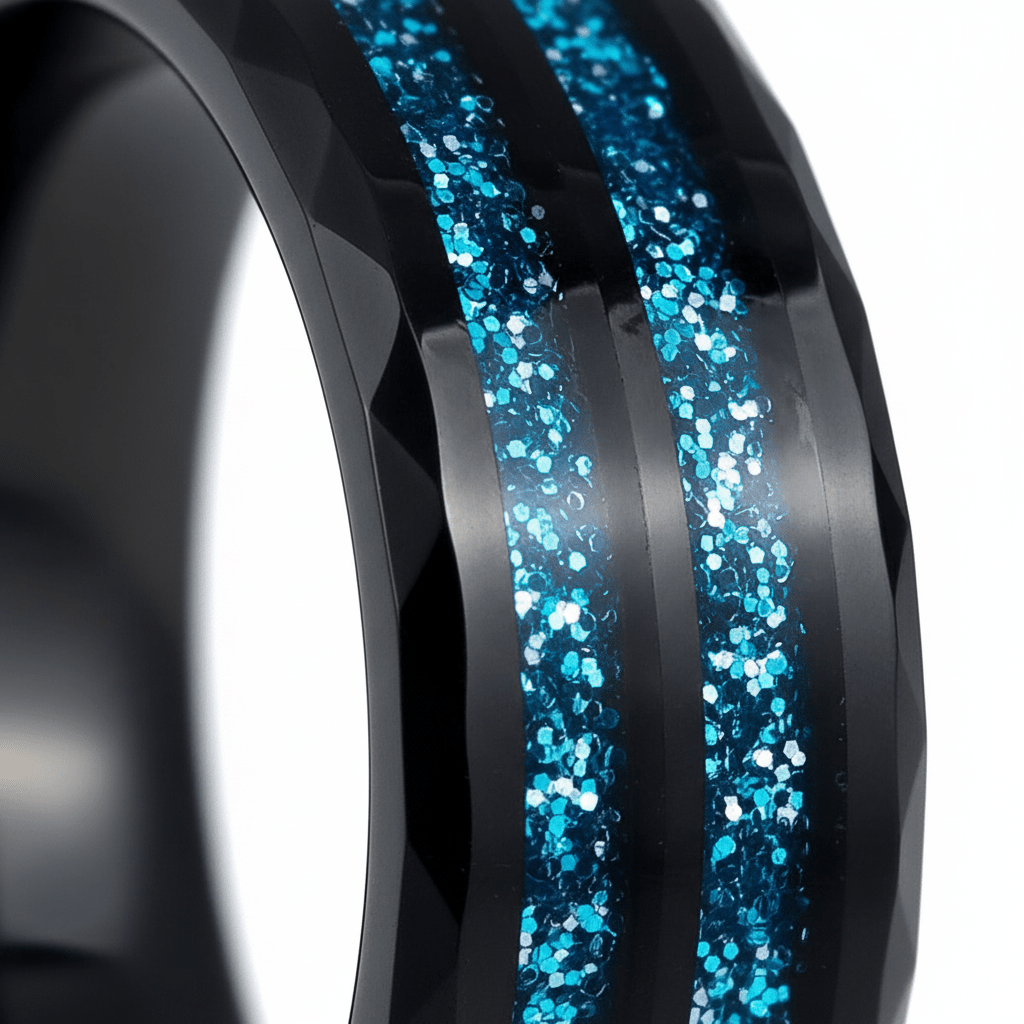 ASHEN — Extreme macro detail — men's tungsten wedding ring.