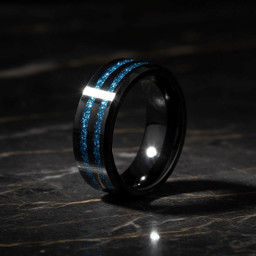 ASHEN — Luxury 3/4 angle on dark marble — men's tungsten wedding ring.