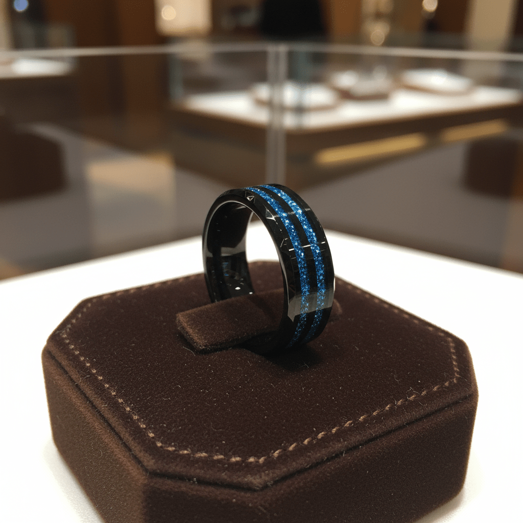 ASHEN — Premium boutique display on velvet — men's tungsten wedding ring.