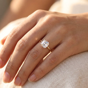 Asscher lab-grown diamond solitaire engagement ring, Yellow Gold, lifestyle photograph