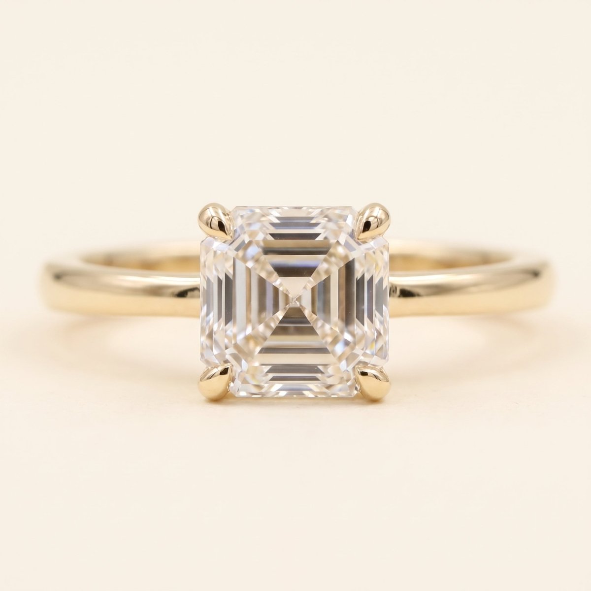 Asscher lab-grown diamond solitaire engagement ring, Yellow Gold, face-on detail macro
