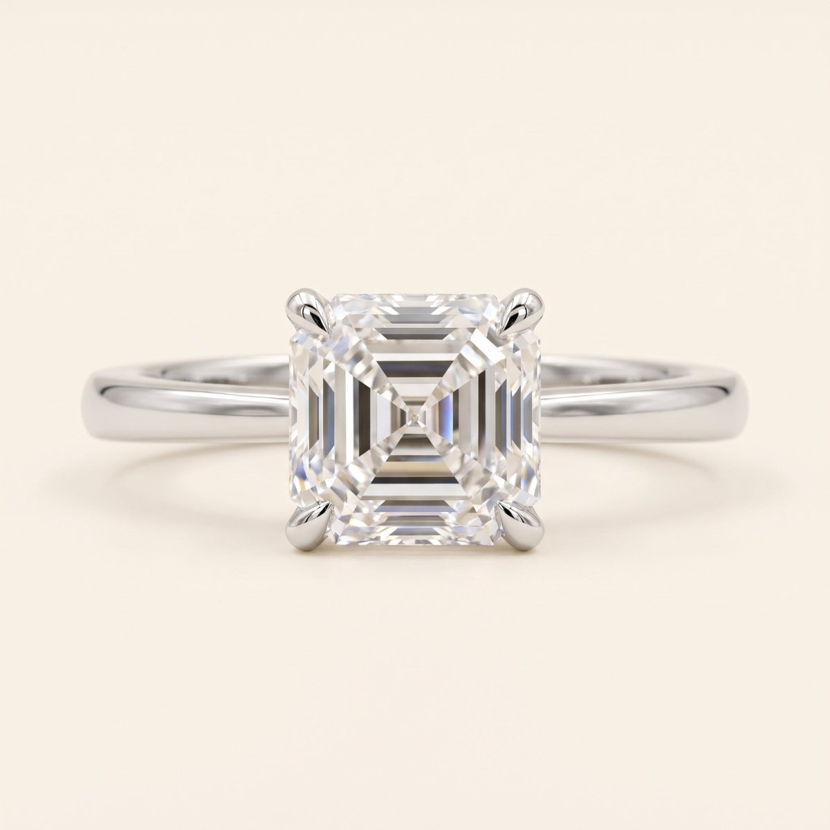Asscher lab-grown diamond solitaire engagement ring, White Gold, face-on detail macro