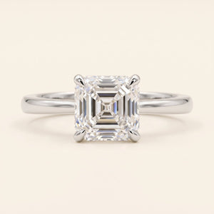 Asscher lab-grown diamond solitaire engagement ring, White Gold, face-on detail macro