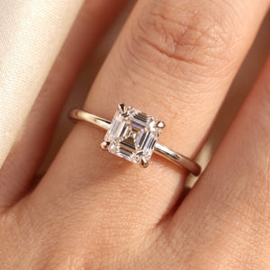 Asscher lab-grown diamond solitaire engagement ring, White Gold, on-finger close-up