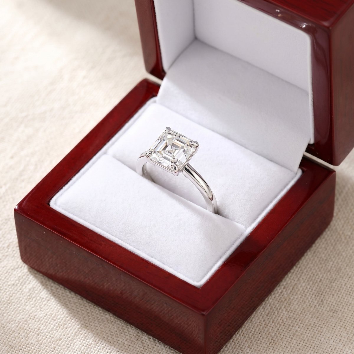 Asscher lab-grown diamond solitaire engagement ring, 925 Sterling Silver, in cherry-wood ring box