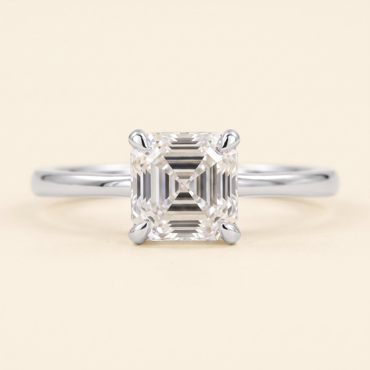 Asscher lab-grown diamond solitaire engagement ring, 925 Sterling Silver, face-on detail macro