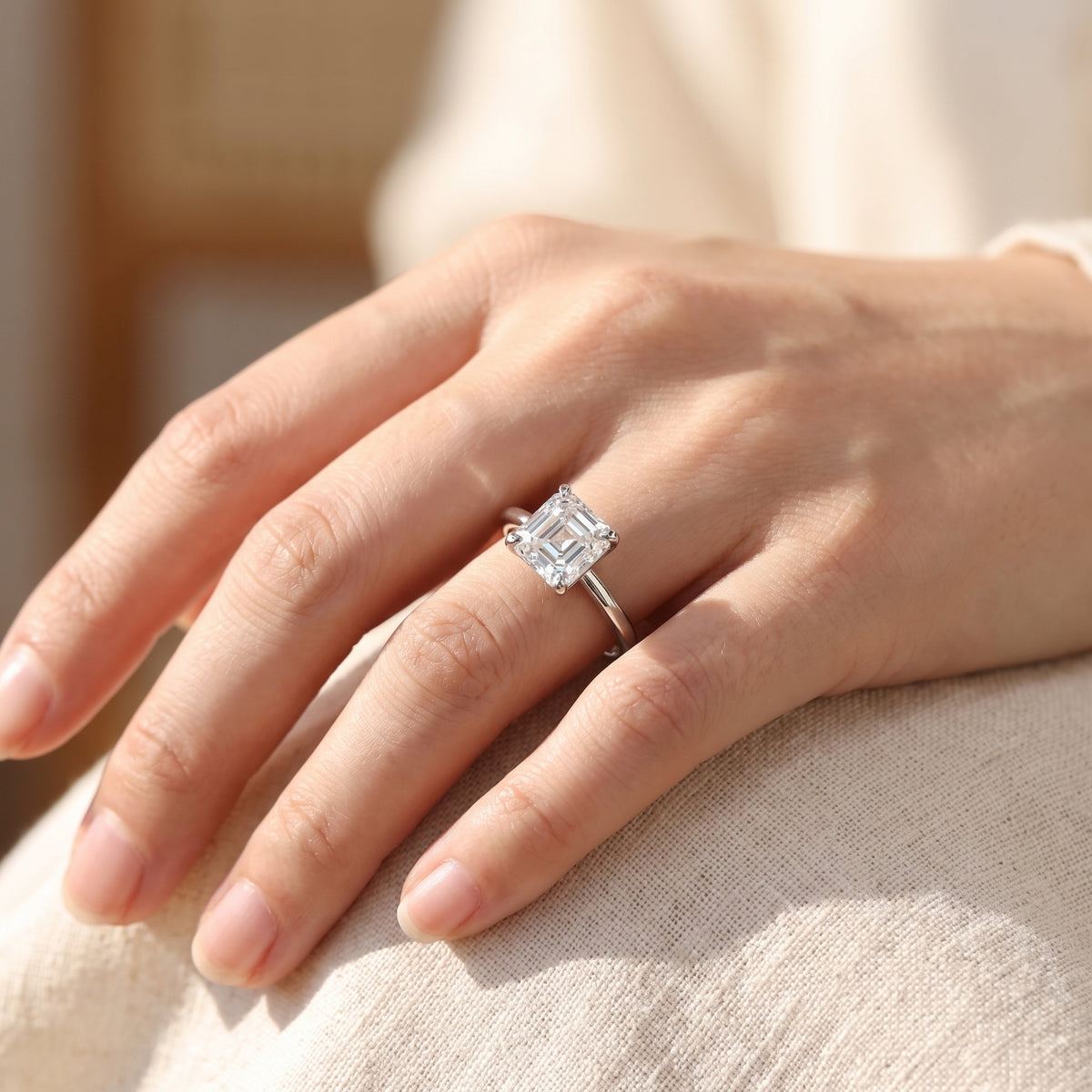 Asscher lab-grown diamond solitaire engagement ring, 925 Sterling Silver, lifestyle photograph