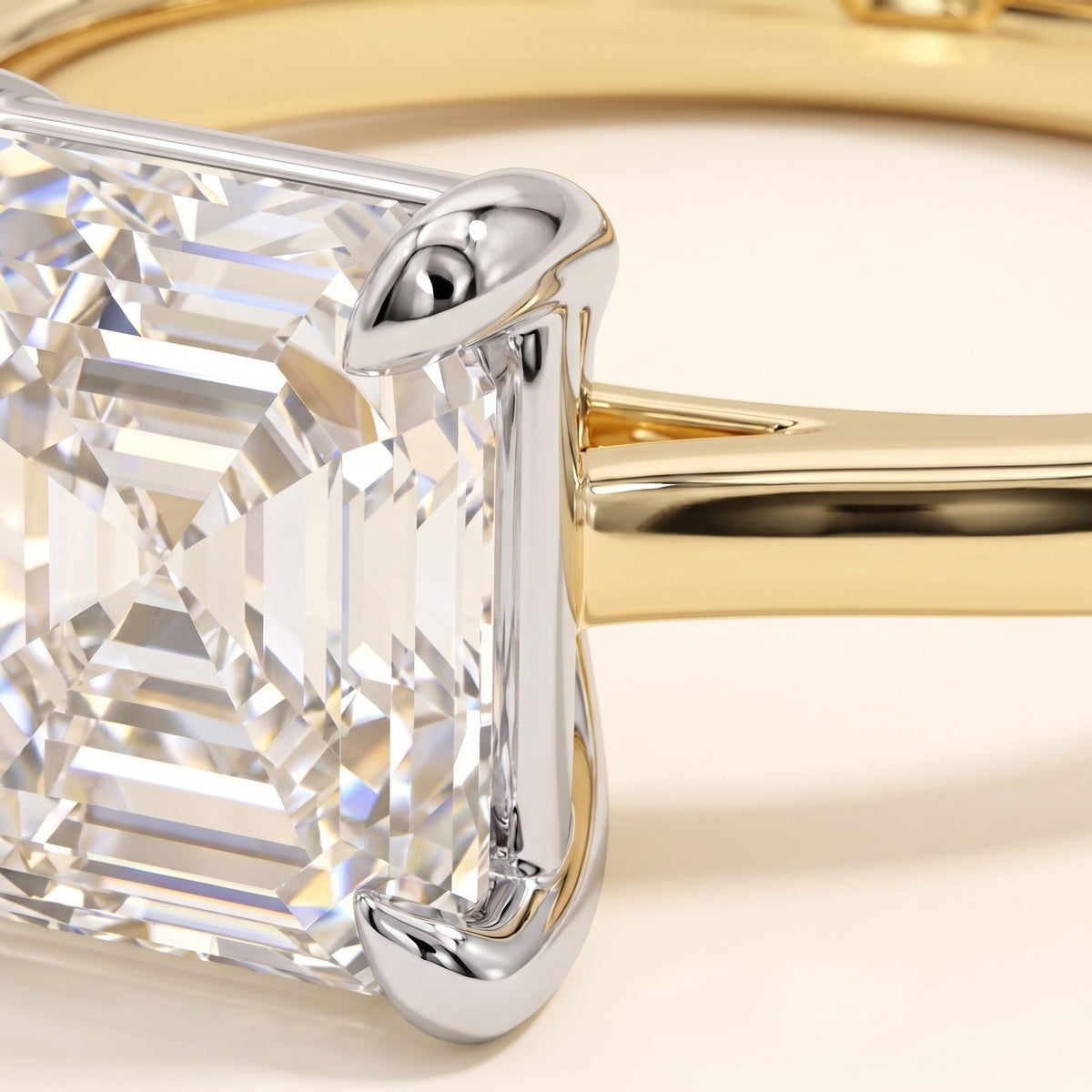 VIVIAN asscher lab-grown diamond ring in 10K two-tone gold, setting close-up, approx. 1 ct center