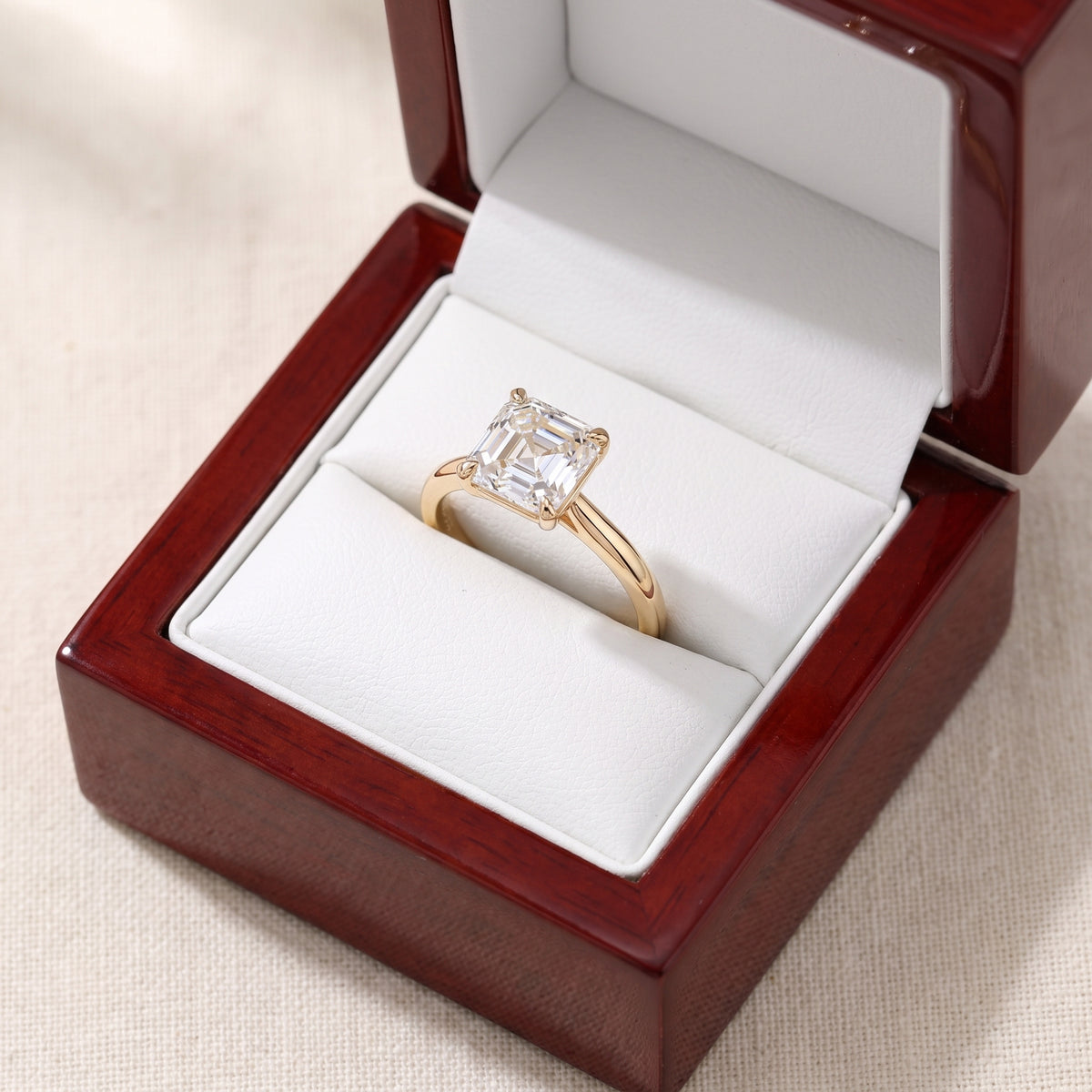 Asscher lab-grown diamond solitaire engagement ring, Yellow Gold, in cherry-wood ring box