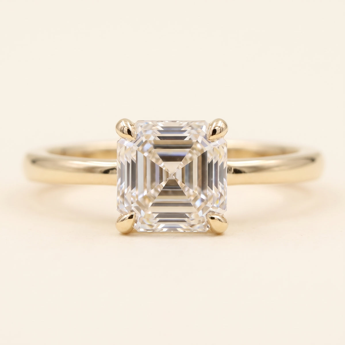 Asscher lab-grown diamond solitaire engagement ring, Yellow Gold, face-on detail macro