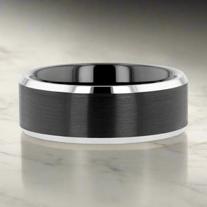 ASTON | Black Tungsten Ring, Black Brushed, Silver Beveled Edges - Rings - Aydins Jewelry - 4