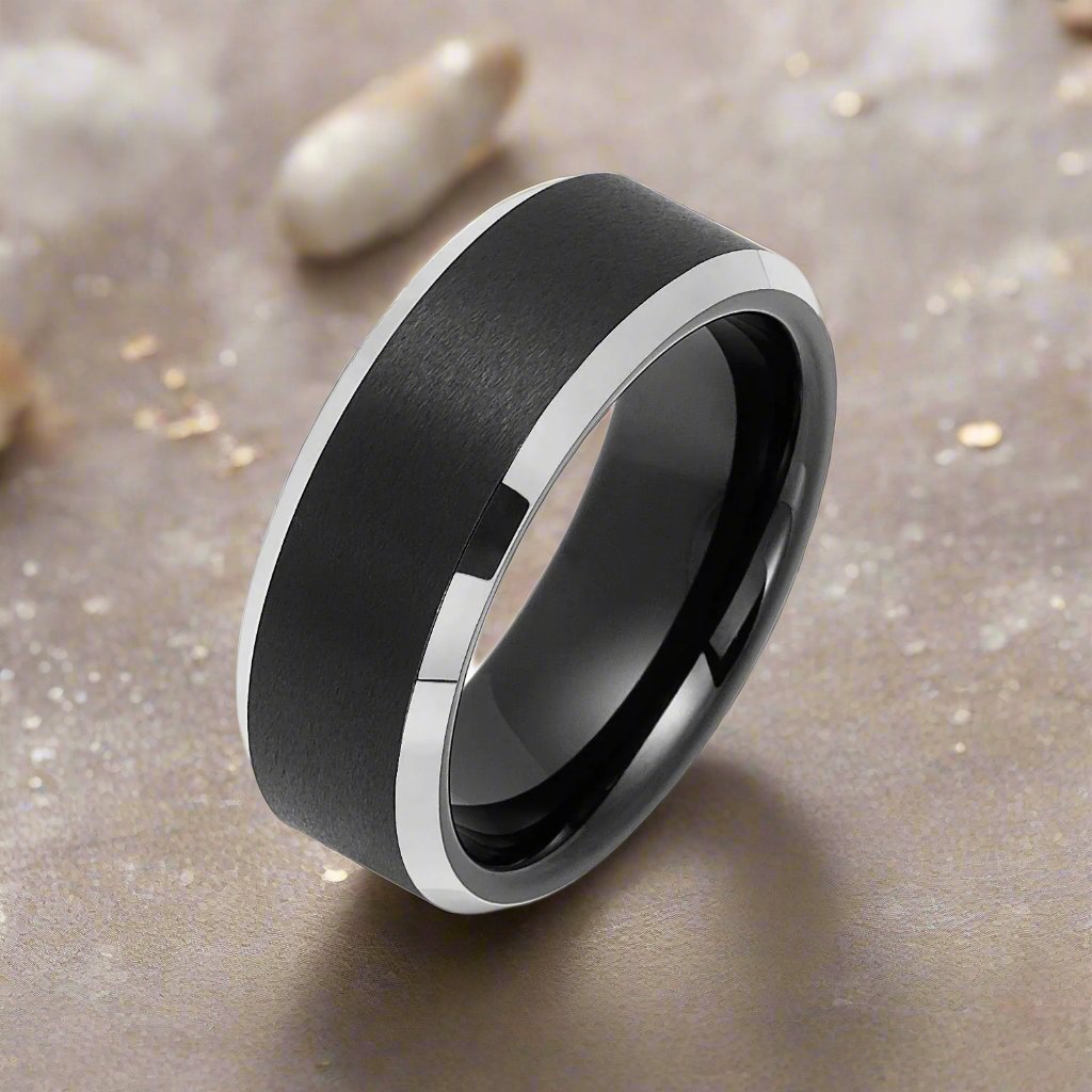ASTON | Black Tungsten Ring, Black Brushed, Silver Beveled Edges - Rings - Aydins Jewelry - 2